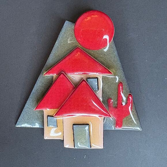 Lucinda House Pin Red Roof Houses Green Background Large 2.75" - Picture 1 of 3